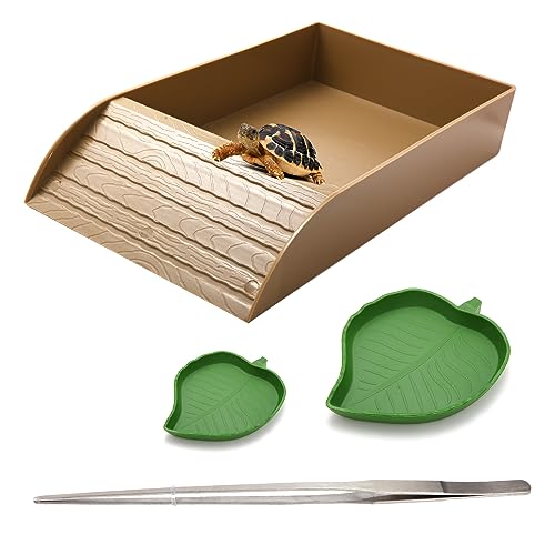 Schildkrötenfutter-Wasserschale mit Rampe: Reptilien-Futterschale und Sonnenplattform für Schildkrötenlebensraumzubehör (braune Schale + Blattschalen) von Tsuen Wan