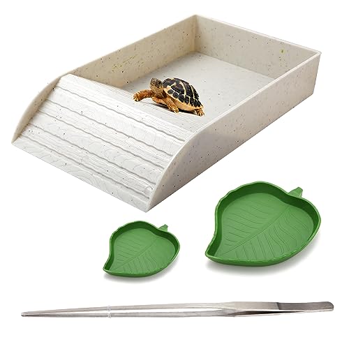 Schildkrötenfutter-Wasserschale mit Rampe: Reptilien-Futterschale und Sonnenplattform für Schildkrötenlebensraumzubehör (weiße Schale + Blattschalen) von Tsuen Wan