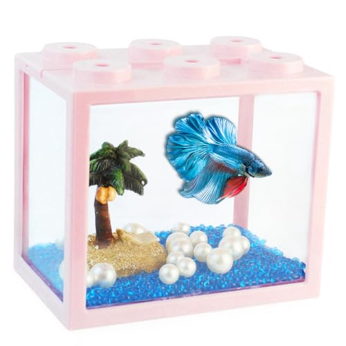 Kleines Betta Aquarium, stapelbares Mini-Aquarium-Set mit Aquarium-Kies, Perlendekoration, 1,9 l Fischschale, winziger Würfel, für Seetangkugeln, Seeaffen, Rosa von Tsxurepaw