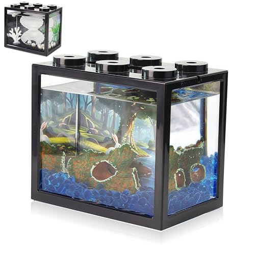 Kleines Betta-Fischtank, Mini-Affen-Aquarium-Set mit Kies und Hintergrund-Harzdekor, stapelbares Tischfischglas-Zubehör für Garnelen, Seetang-Bälle Kleines Betta-Fischtank, Mini-Affen-Aquarium-Set mit Kies und Hintergrund-Harzdekor, stapelbares Tischfischglas-Zubehör für Garnelen, Seetang-Bälle von Tsxurepaw