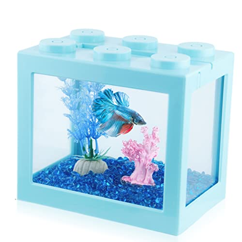 Tsxurepaw Kleines Betta-Fischtank, stapelbares Mini-Fischtank, Aquarium-Set, rechteckiges Fischglas mit Aquarium-Kies, Dekoration, Würfel-Tank für Algenbälle, Meeresaffen von Tsxurepaw