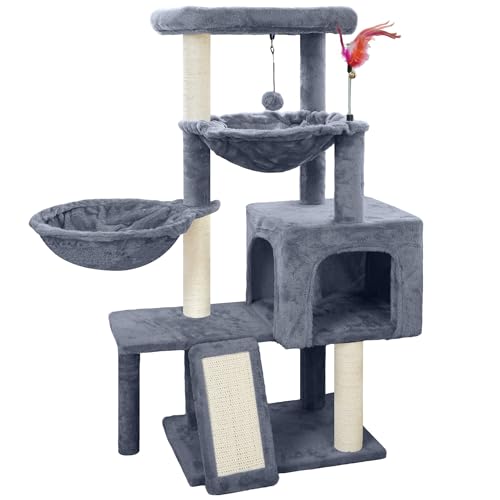 Tuaoeef Kratzbaum mit Katzenhaus und Zwei Hängematten, Katzenbaum mit Kratzbäumen und Kratzpads, Katzenturm für Indoor-Katzen, Aktivitätszentrum Kletterbaum mit verspielten Spielzeugbällen, Grau von Tuaoeef