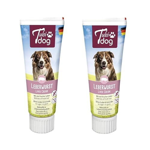 Tubi dog Delikatess Leberwurst aus der Tube für Hunde | 2er Pack | 2 x 75 g | Praktische Soft-Touch-Tube | Zuckerfreie fettreduzierte Snackpaste ohne Konservierungsstoffe von Tubi dog