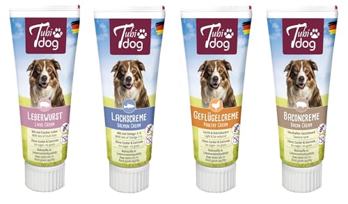 Tubi-Dog Set aus 12xLeberwurst 12x Lachscreme 12x Baconcreme 12xGeflügelcreme = 48 Tuben von Hansepet