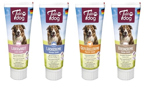 Tubi-Dog Set aus 12xLeberwurst 12x Lachscreme 12x Baconcreme 12xGeflügelcreme = 48 Tuben von Tubi dog