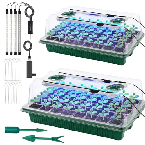 Anzuchtschalen mit Wachstumslicht, 2 Stück, 80 Löcher, intelligenter Timer, Setzling-Starter-Set mit Feuchtigkeitskuppel, Zimmerpflanzen-Keimset mit LED-Pflanzenlichtern (europäischer Standard) von Tudegy