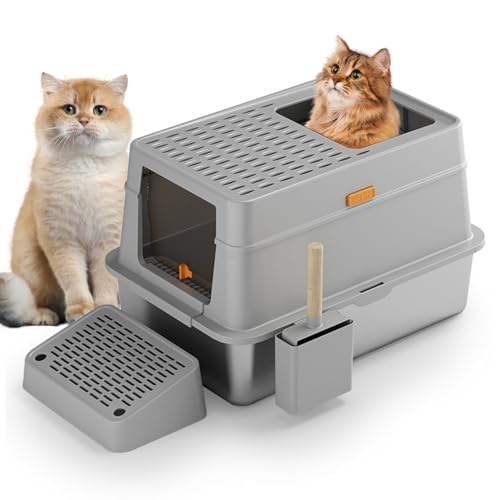 Große, geschlossene Katzentoilette mit Deckelabdeckung, Katzentoilette mit Streuschaufel, geschlossene Edelstahl-Katzentoilette, perfekt für große Katzen oder mehrere Kätzchen (hellgrau) von Tudegy