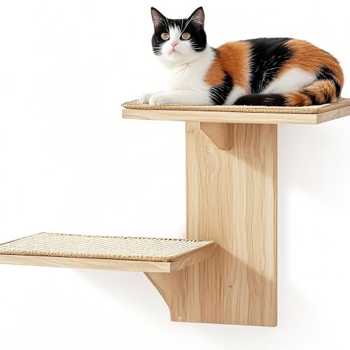 Kletterwand Katze,2 Plattform-Katzen-Wandmöbel aus Massives Gummiholz,Wandmontiertes Katzen mit Sisalmatte,Wandregale zum Klettern, Spielen, Kratzen Kletterwand Katze,2 Plattform-Katzen-Wandmöbel aus Massives Gummiholz,Wandmontiertes Katzen mit Sisalmatte,Wandregale zum Klettern, Spielen, Kratzen von Tudegy