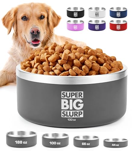 Tuff Pupper 2700 ml/100 oz robuster, isolierter Napf für große Hunde | Doppelwandiger Futternapf aus Edelstahl | rutschfeste Gummibasis | Langlebige pulverbeschichtete Farben (Grau) von Tuff Pupper
