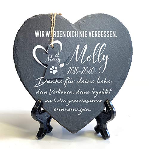 Individueller Personalisiert Groß Herzform und Engel Tiergrabstein Schiefer Gedenkstein + Ständer für Hund, Katze und andere Haustiere Tiere - Größe | 25 x 25 cm | - Pfotenabdruck auf Herz von TULLUN