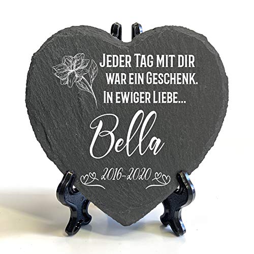 Individueller Personalisiert Herzform Tiergrabstein Schiefer Gedenkstein + Ständer für Hund, Katze und andere Haustiere Tiere - Größe | 10 x 10 cm | - Blumen von TULLUN