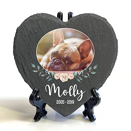 Individueller Personalisiert Herzform Tiergrabstein Schiefer Gedenkstein + Ständer für Hund, Katze und andere Haustiere Tiere - Größe | 10 x 10 cm | - Blumenrahmen-Foto von TULLUN