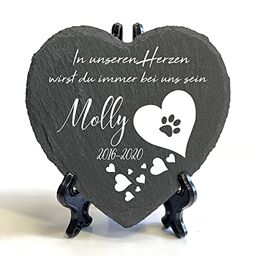 Individueller Personalisiert Herzform Tiergrabstein Schiefer Gedenkstein + Ständer für Hund, Katze und andere Haustiere Tiere - Größe | 10 x 10 cm | - Weißes Herz von TULLUN