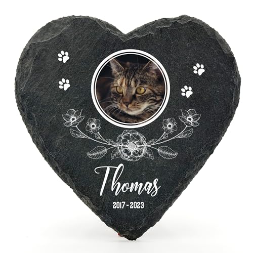 Individueller Personalisiert Herzform Tiergrabstein Schiefer Gedenkstein für Hund, Katze und andere Haustiere Tiere - Größe | 10 x 10 cm | - Blumen und Foto von TULLUN