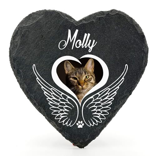 Individueller Personalisiert Herzform Tiergrabstein Schiefer Gedenkstein für Hund, Katze und andere Haustiere Tiere - Größe | 10 x 10 cm | - Engelsflügel von TULLUN