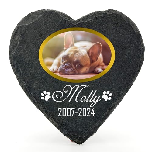 Individueller Personalisiert Herzform Tiergrabstein Schiefer Gedenkstein für Hund, Katze und andere Haustiere Tiere - Größe | 10 x 10 cm | - Goldrahmen Foto von TULLUN