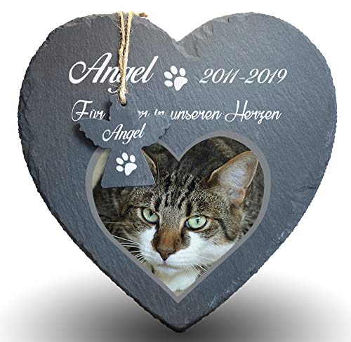 Individueller Personalisiert Herzform Tiergrabstein Schiefer Gedenkstein für Hund, Katze und andere Haustiere Tiere - Größe | 25 x 25 cm | - Herz und Engel von TULLUN