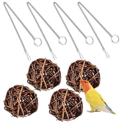 4 Stück Natur Weidenbälle 10cm – natürliches Vogelspielzeug zum Kauen & Klettern mit 4 Aufhängeketten – Handgemacht für Wellensittiche, Papageien, Nymphensittiche, Kakadus oder andere Kleintiere von Tulov