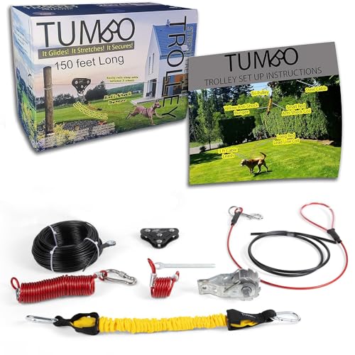Tumbo Trolley Xtreme 30,5 m Hundesystem – Dreifach-Slider mit Dehnungsspiral-Kabel mit Anti-Schock-Bungee-(sicherer und weniger Verhedderungen) Antenne für Hunde von Tumbo