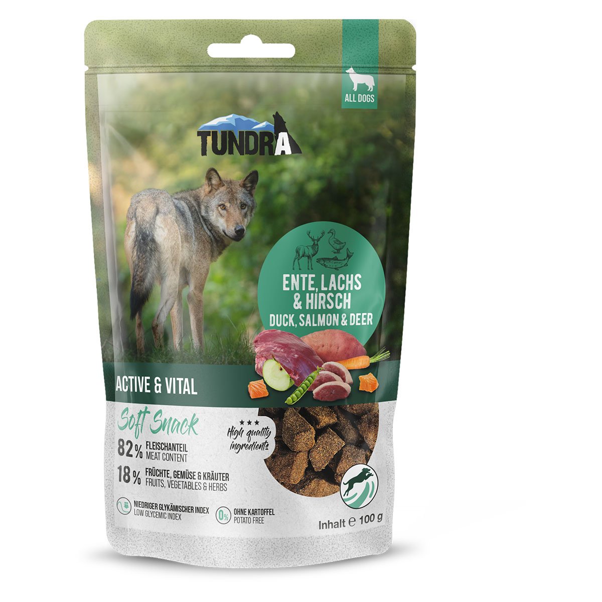 Tundra Dog Snack Active & Vital Ente, Lachs & Hirsch 9x100g von Tundra