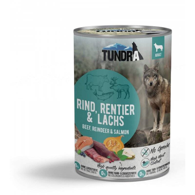 Tundra Hunde-Nassfutter Rind, Rentier & Lachs - 400 g (5,73 € pro 1 kg) von Tundra