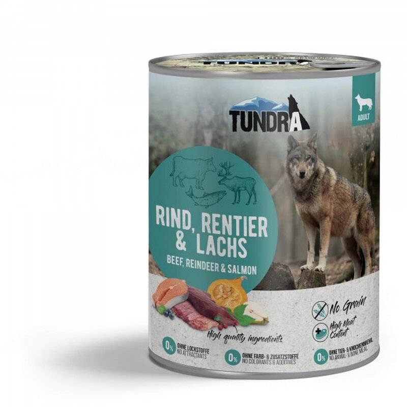 Tundra Hunde-Nassfutter Rind, Rentier & Lachs - 800 g (4,61 € pro 1 kg) von Tundra