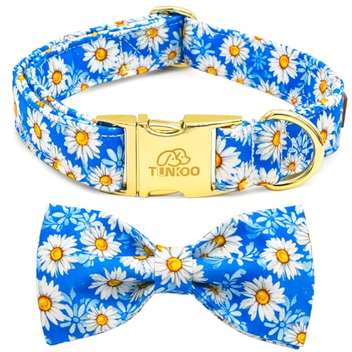 Tunkoo Blue Daisy Hundehalsband mit niedlicher Blumen-Fliege, verstellbares Halsband aus Premium-Baumwolle, langlebige Metallschnalle für kleine, mittelgroße und große Jungen, Mädchen, Hunde, Größe M von Tunkoo