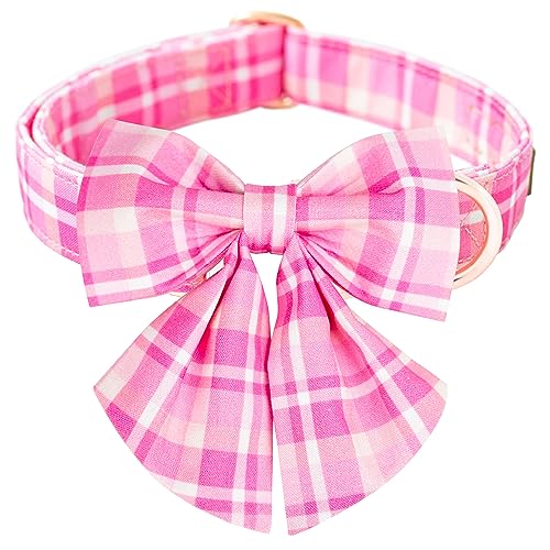 Tunkoo Elegantes rosa kariertes Hundehalsband mit Fliege – langlebig, verstellbar und stilvoll aus Baumwolle für Mädchen, klein, mittel, groß, L von Tunkoo