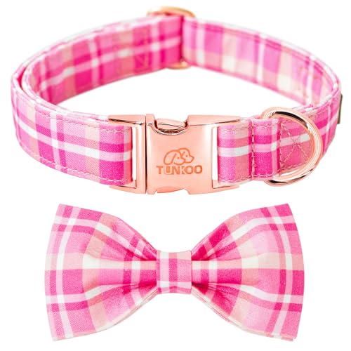 Tunkoo Hundehalsband, super niedliches rosa Karomuster mit Fliege, langlebig, verstellbar und stilvoll, Baumwolle, Haustierhalsband für Mädchen, klein, mittel, groß, L von Tunkoo