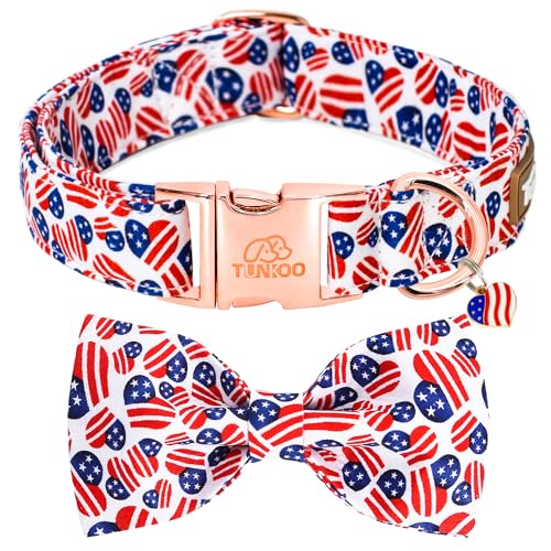 Tunkoo Hundehalsband mit amerikanischer Flagge, mit Fliege, super süßes Herz, verstellbares und stilvolles Haustierhalsband mit Metallschnalle, erhältlich in den Größen S, M, L von Tunkoo