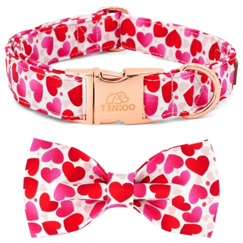 Tunkoo Valentinstags-Hundehalsband mit Fliege – verstellbares und bezauberndes Haustierhalsband – rote Herzen mit rotgoldener Schnalle für große, mittelgroße und kleine Hunde, Größe L von Tunkoo