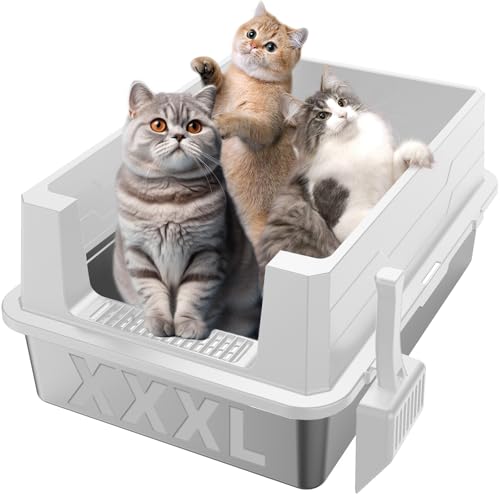 XXXL Edelstahl-Katzentoilette, extra groß, 71,1 x 50,8 cm (L x B), Metall-Klo für große Katzen und mehrere Katzen, mit hoher Seite, Anti-Urinleckage, antihaftbeschichtet, einfache Reinigung, inklusive von Tunpug