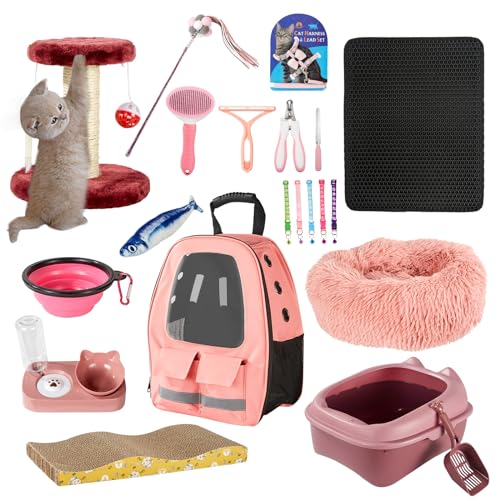 Tuykay Kitten Supplies Starter Kit, Pink Cat Starter Kit for Indoor Cats, Cat Essentials and Cat Stuff Includes Cat Litter Box & Shovel, Pet Backpack, Pink Cat Bed and More, Perfect for Your New Cat von Tuykay