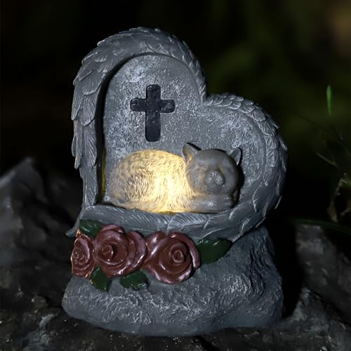 Tuzsocr Gedenkstein für Haustiere,Grabstein mit Engel für Katze und Hund,Solar herzförmige Haustierstatue, Reinigende Leicht Harzornamente,Schreibtisch,Hof,Garten,Friedhofsdekoration (Katze) von Tuzsocr