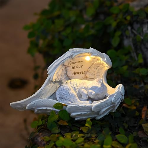 Tuzsocr Solar Katze Hund Gedenksteine, Katze Engel Figur Denkmal mit LED-Solarlicht, Wetterfest Hund Grab Marker Tribut Statue, Grabschmuck für Haustier mit Engelsflügeln für Garten Friedhofs (Katze) von Tuzsocr