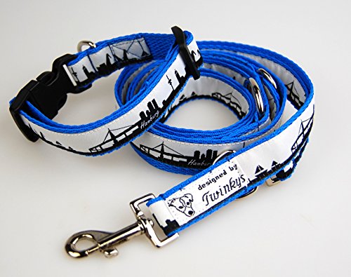 Twinkys Dog Style Nylon Hunde Halsband Hamburg blau + verstellbare Leine Set versch. Größen S 24 cm - 36 cm Made IN Germany von Twinkys