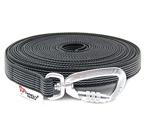 Twinkys Dog Style Schleppleine gummiert mit Sicherheitskarabiner 20 mm breit für Hunde bis 50 kg - MIT Handschlaufe 20 Meter Schwarz Made in Germany von Twinkys