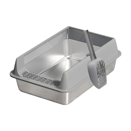 TyCylKu Großes Katzenklo, 40x30x19cm Katzenklo Edelstahl, Halb Geschlossene Katzentoilette Mit Schaufel, Metall Katzentoilette, Cat Litter Box Spritzwassergeschützte Tiefes Design, Leichtere Reinigung von TyCylKu