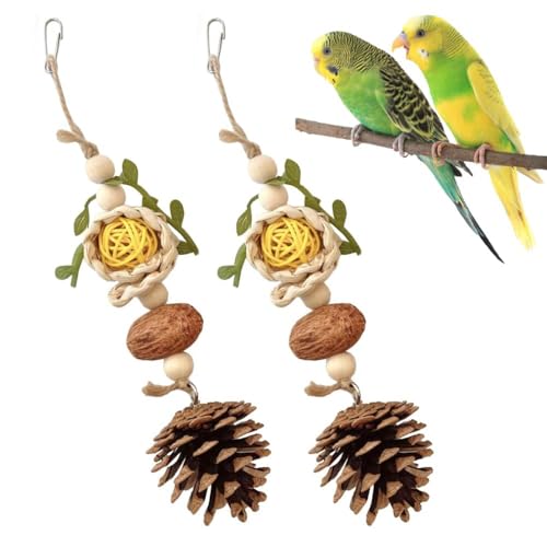 Tyasoleil Kauspielzeug für Papageien, Naturkieferkegel & Rattan-Bälle, Vogel-Enrichment, Kauspielzeug für Papageien, natürliche Kiefernkegel & Rattankugeln, 2 Stück von Tyasoleil