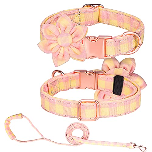 Tybiky Hundehalsband mit Schleife, Fliege Hundehalsband mit Verstellbare Halsbänder mit Softy Fliege Hundeseil (1.5m) , Geschenk für kleine mittelgroße Groß und Katzen, L, Gitter Gelb Rosa von Tybiky