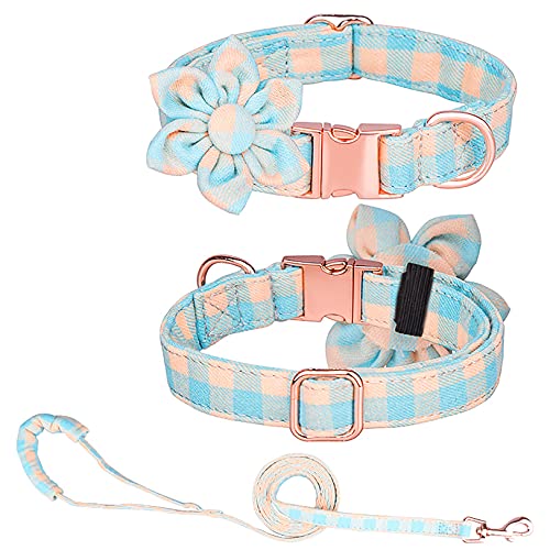 Tybiky Hundehalsband mit Schleife, Fliege Hundehalsband mit Verstellbare Halsbänder mit Softy Fliege Hundeseil (1.5m) , Geschenk für kleine mittelgroße Groß und Katzen, L, Gitter Orange-blau von Tybiky