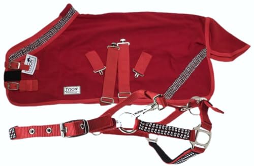 Glitzer Abschwitzdecke + Halfter Set Rosa Rot Schwarz 70 80 90 100 cm Minishetty Shetty Glitzerhalfter Fleece Decke (Rot, 80 cm) von Tysons Breeches