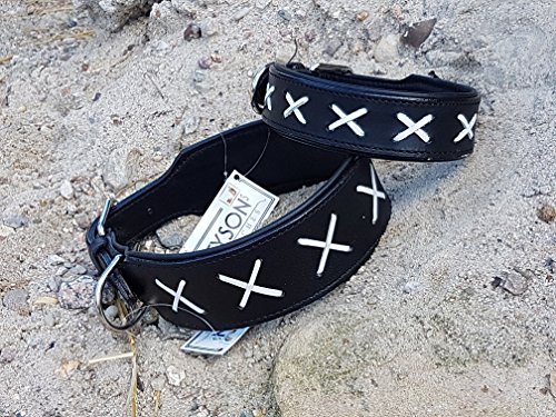 Hundehalsband Leder Halsband extra BREIT Ziertich Schwarz Weiss M L XL Mittel bis großer Hund Tysons genäht (M) von Tysons Breeches