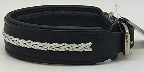 Stitch Halsband Leder Lederhalsband BREIT geflochten Zier Hundehalsband Tysons 5 Kombis zur Wahl M L XL hohe Zugkraft (Schwarz/Weiß, M) von Tysons Breeches