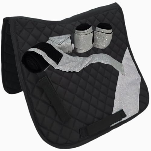 Tysons Breeches Glitzer Schabracke mit Bandagen Set Rosa Rot Hellblau Lila Braun Schwarz Glitzerschabracke Glitzerbandagen Minishetty Shetty Welsh Setpreis (Schwarz/Silber, Minishetty) von Tysons Breeches