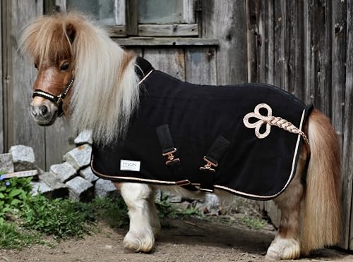 Zaraa Abschwitzdecke Paradedecke mit Kragen Anti Pilling Fleece Schwarz Silber- oder Goldfarben, Rosegold Minishetty Shetty Welsh Pony 70 80 90 100 110 (Schwarz/Rosegold-Goldfarben, 100) von Tysons Breeches