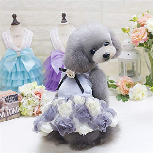 Hochzeit Spitze Kleid Bogen Kleid Pet Dog Bottoming Rose Print Dress Kleidung Cat Lace Atmungsaktives (Grey, XS) von Tyuffghet