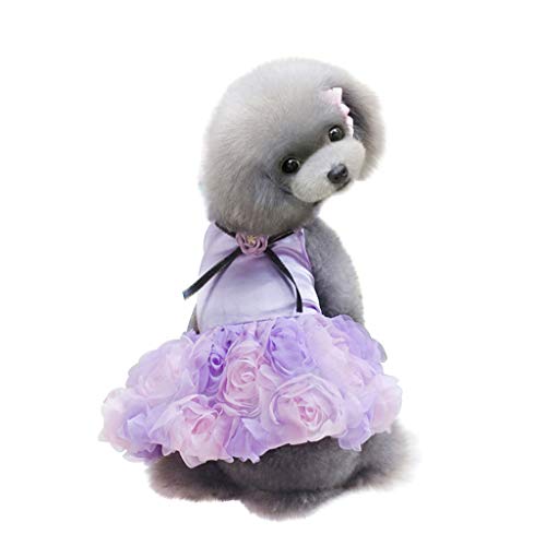 Hochzeit Spitze Kleid Bogen Kleid Pet Dog Bottoming Rose Print Dress Kleidung Cat Lace Atmungsaktives (Purple, S) von Tyuffghet