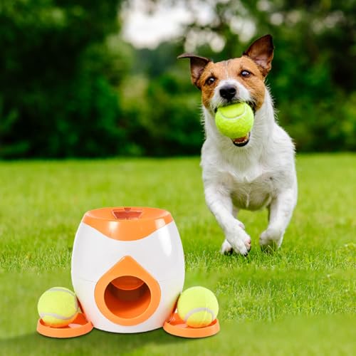 Tyuffghet Hunde Ballwurfmaschine Automatisch Interaktives Hundespielzeug Automatischer Ballwerfer,Interaktiver Automatischer Hundeballwerfer für Hunde mit 2 pcs Tennisbälle (Orange) von Tyuffghet