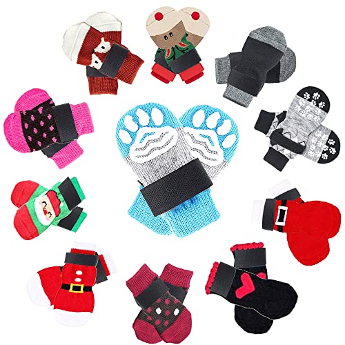 Hundesocken, rutschfeste Hundepfoten-Socken mit verstellbaren Riemen, niedlich, warm, gestrickt, Baumwolle, flauschig, Pfotenschutz für kleine, große, drinnen und draußen, zufällige Farbe 5 Paar von U LIFEWHEEL